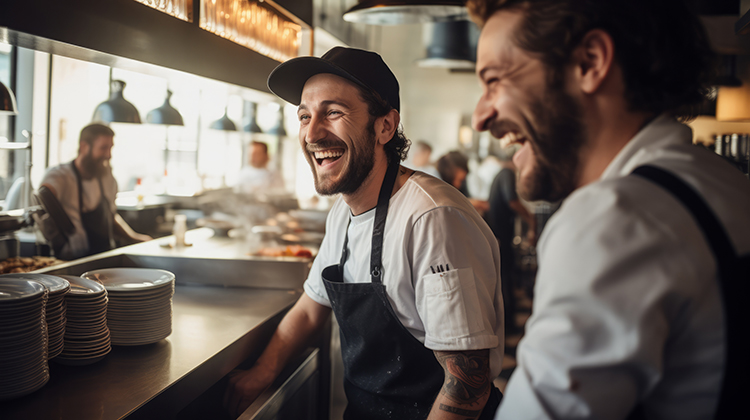 Cheerful chefs laughing in a bustling restaurant kitchen.